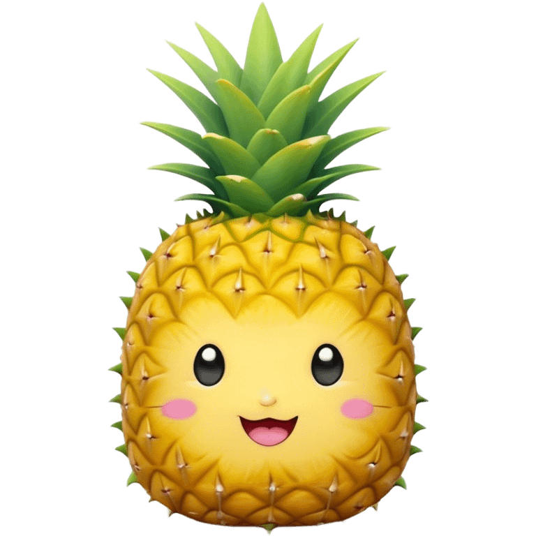 Cute Kawaii Pineapple, tiny and round, bright golden yellow with a spiky green top, chubby cheeks, playful winking expression, soft pastel textures, sweet and tropical vibes! emoji