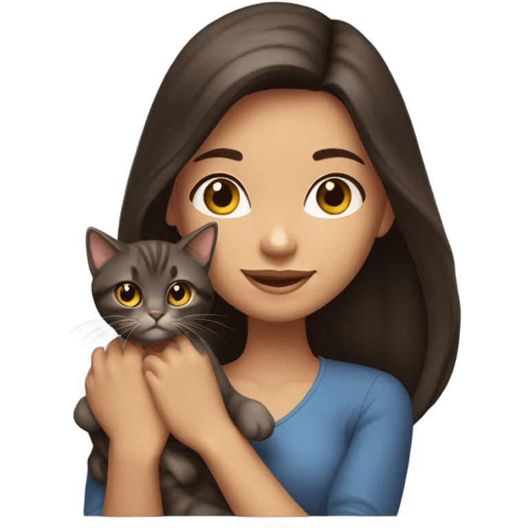 portrait of a beautiful brunette girl holding a cat emoji