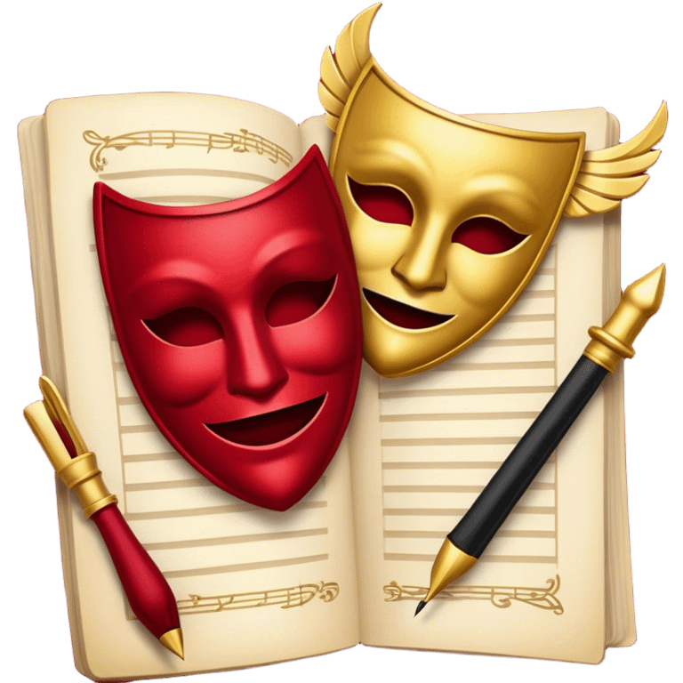 Create a bold and dramatic emoji representing the art of playwriting. The design should feature an open script or a theater playbook, with stylized text lines or dramatic dialogue inside. Include elements like a theatrical comedy and tragedy masks, a stage spotlight, or a writting quill to symbolize creativity and performance. Use deep, contrasting colors like red, black, and gold to evoke the intensity and passion of drama. The overall design should feel dramatic, inspiring, and artistic. Make the background transparent. emoji