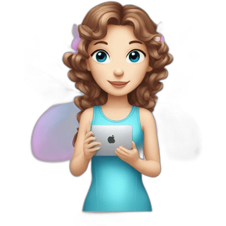  beautiful fairy with pink wings, brown wavy hair, and blue eyes, holding a computer mouse emoji