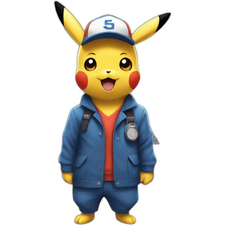 pikachu in blue train station manager suit wearing blue cap with pokemon symbol emoji