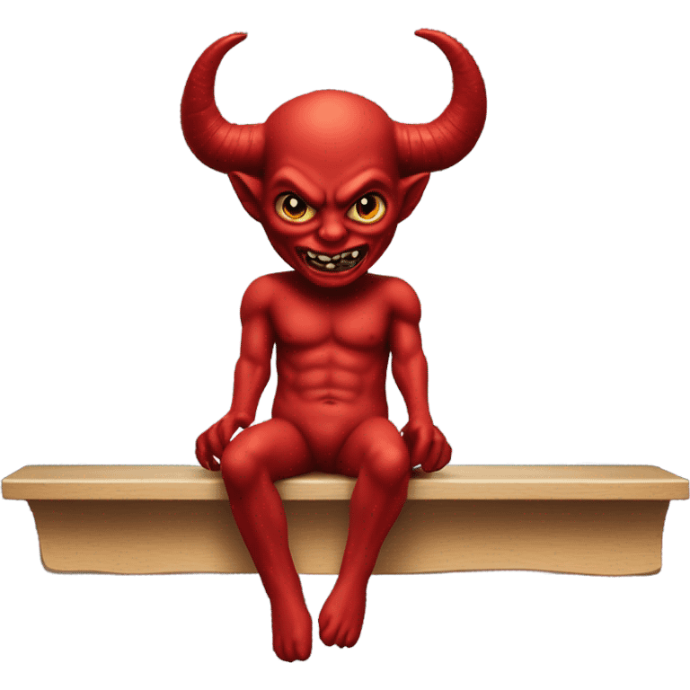 Red horned Satan doll swinging legs on a shelf  emoji