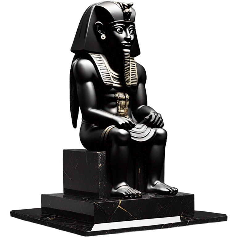 Osiris crook and flail obsidian statue on granite 30 ton brick, massive size, sunlight behind, sunset colors, reflections on black stone polished clean perfect, photography angles emoji