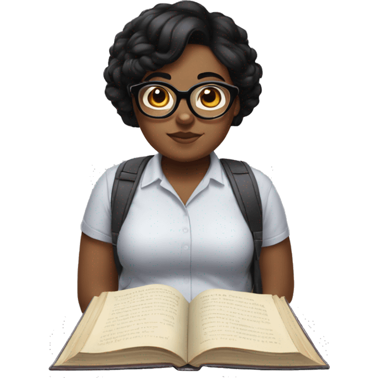 Chubby girl black hair glasses book reading emoji