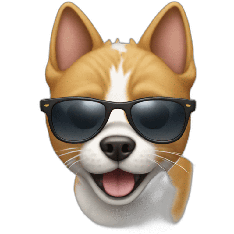 A cat is flying with a dog and it has a sunglasses emoji