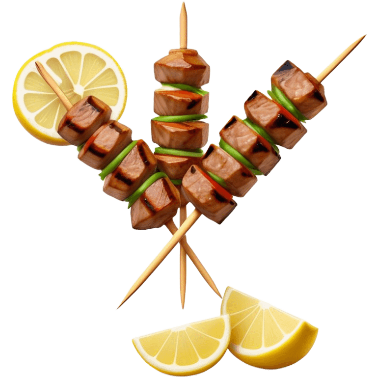 Cinematic Realistic Souvlaki Dish Emoji, showcasing skewered, grilled meat with Mediterranean spices rendered with dynamic textures and warm, appetizing lighting. emoji