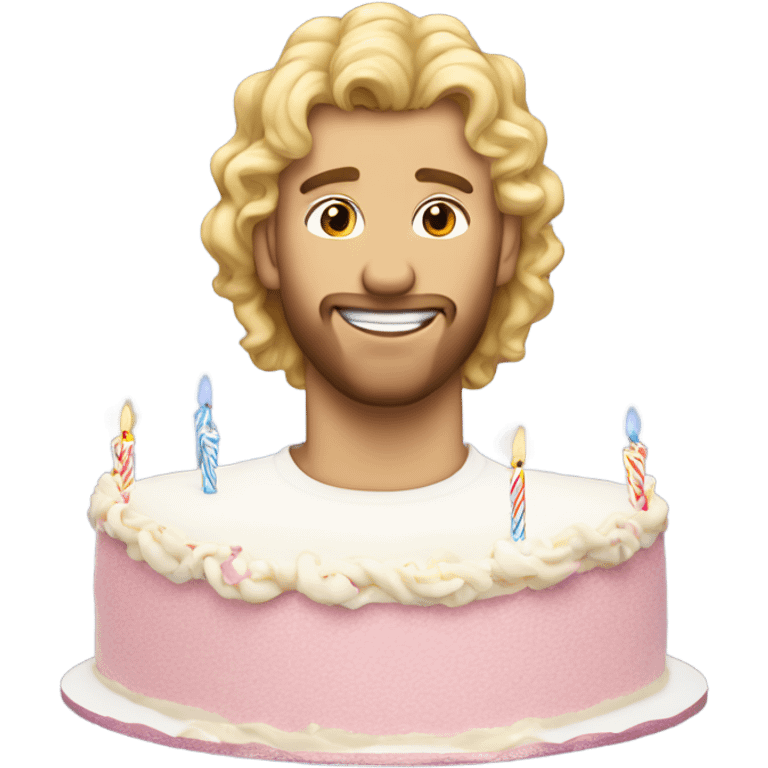  Blonde curly mullet white man standing over a birthday cake emoji