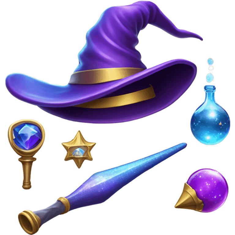 A unique set of emoji related to magic and sorcery. It needs to be in purple, blue and gold colors with glow and shine emoji