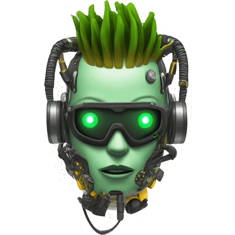 Green skin cyborg head with dark yellow Mohawk, white respirator mask and circuitry emoji