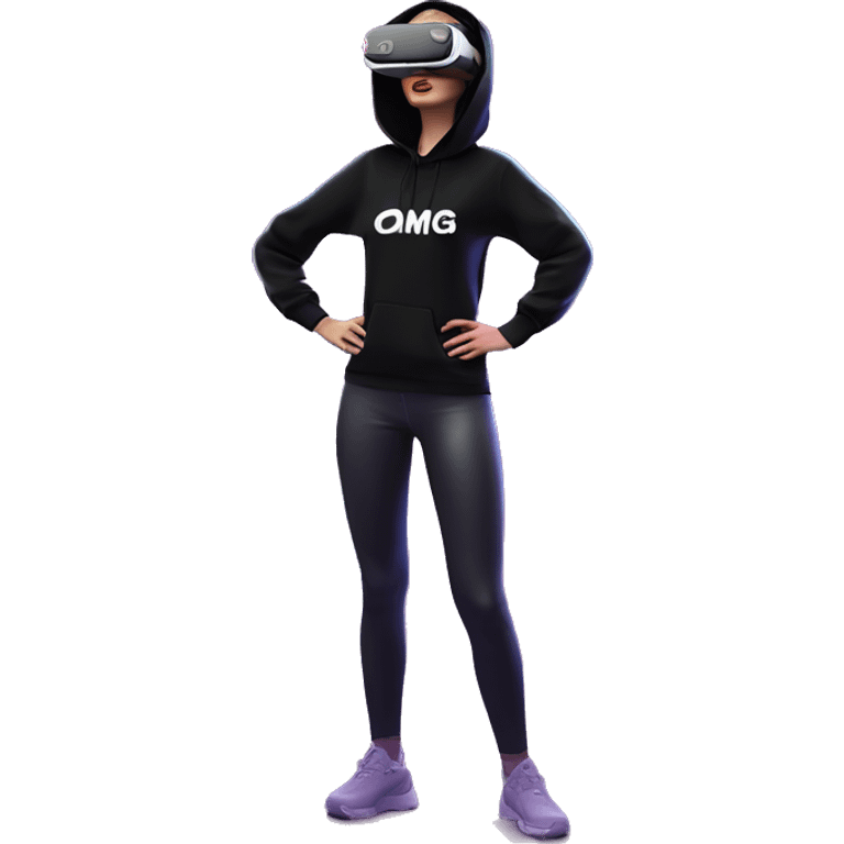 Russian girl wearing black hoody with violet letters "OMG", in vr headset oculus quest2. Standing like jedi. Cyberpunk style. Violet neon. emoji