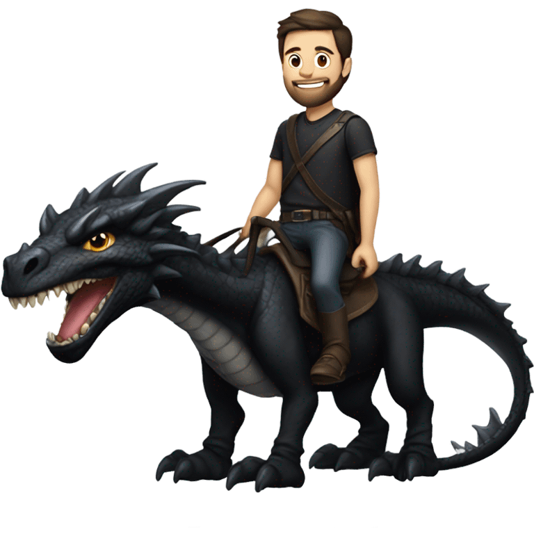 Confident White Man with dark brown hair and a short beard wearing black leather riding on the back of a giant black dragon emoji