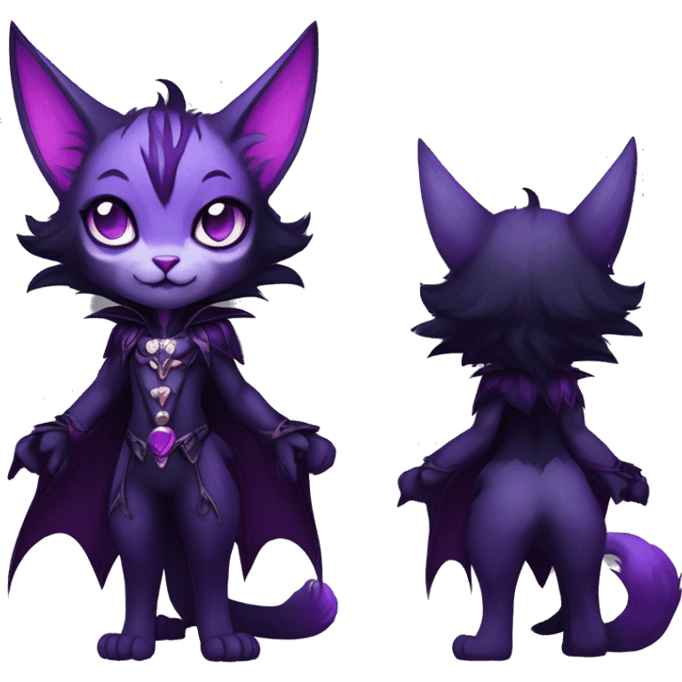 Anthro-Cute-Edgy-Vampiric-Batty-Cat-Black-Purple-Contrast-Colors-Fantasy-Fur-Sona-Chibi-Shiny-Fakémon-Hybrid with horns full body emoji