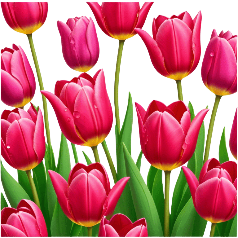 Tulips – Cinematic Realistic Tulips, depicted as a vibrant field of blooming tulips in brilliant hues, each delicate petal catching dewdrops under soft, natural spring light, rendered with detailed textures and a dreamy, picturesque glow. emoji