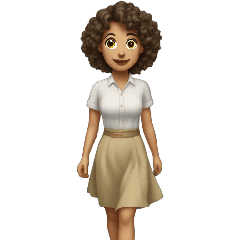 Pretty brunettes curly haired woman with a modest skirt and pretty blouse walking towards a house door emoji