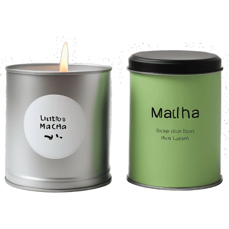 realistic short lit matcha candle, silver tin, small plain white label with black text emoji