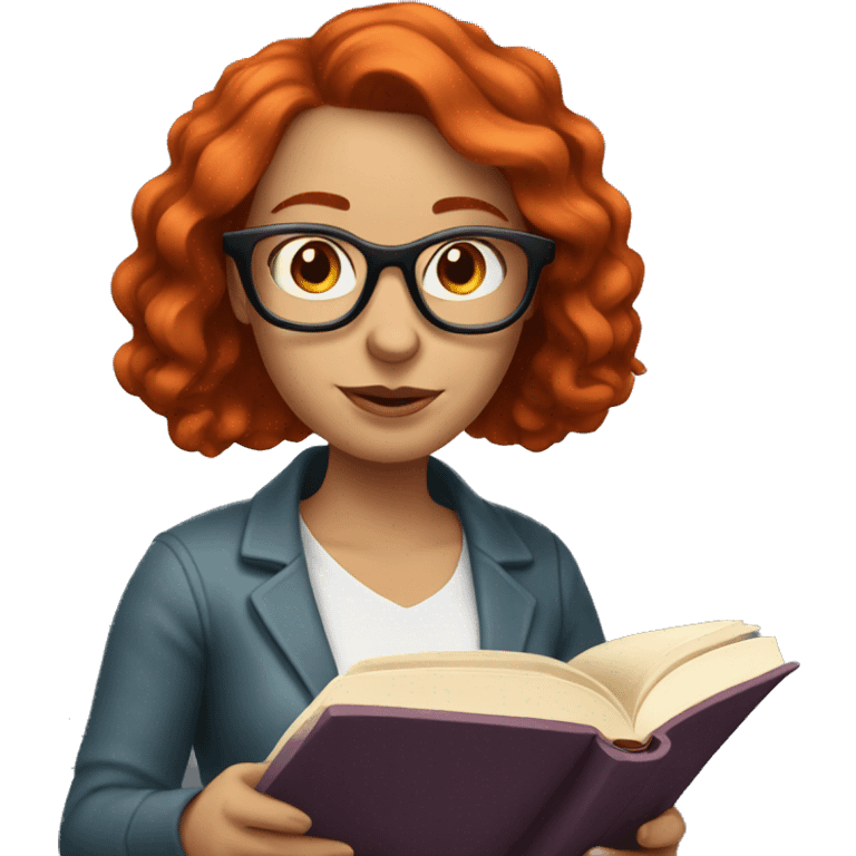 White woman with red hair and glasses reading a book emoji