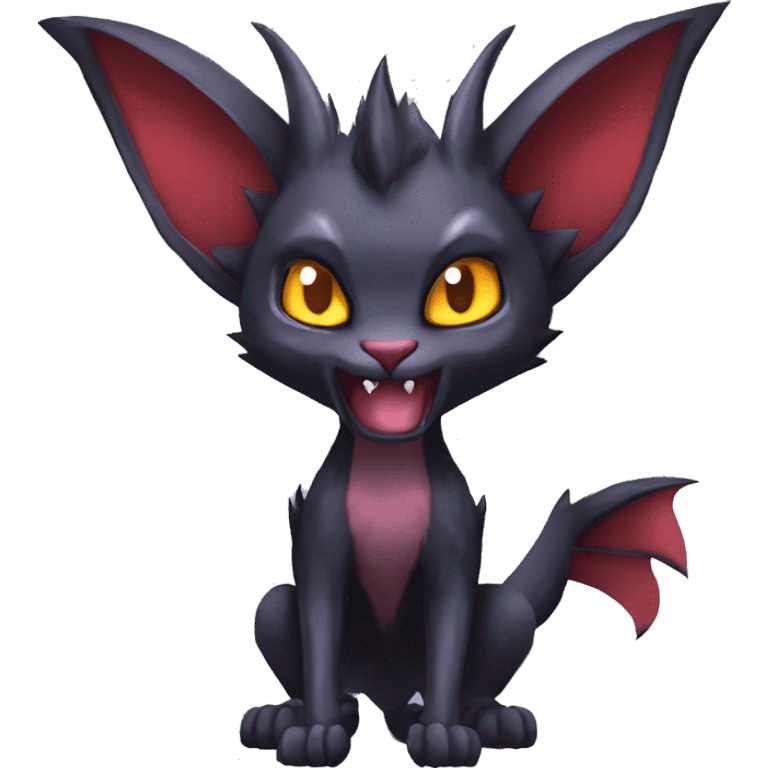 Black cool kawaii edgy vampiric demonic Noivern-Litten-Lykoi-Caracal-Fakemon with big bat ears full-body emoji