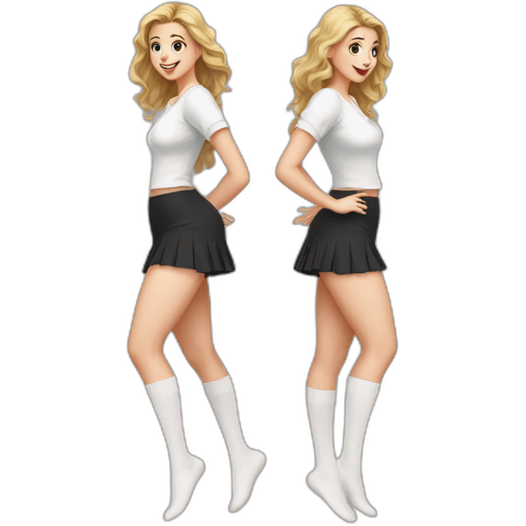 realistic full body caucasian curvy beauty jumping short black skirt back and front views strong wind white knickers long white socks emoji