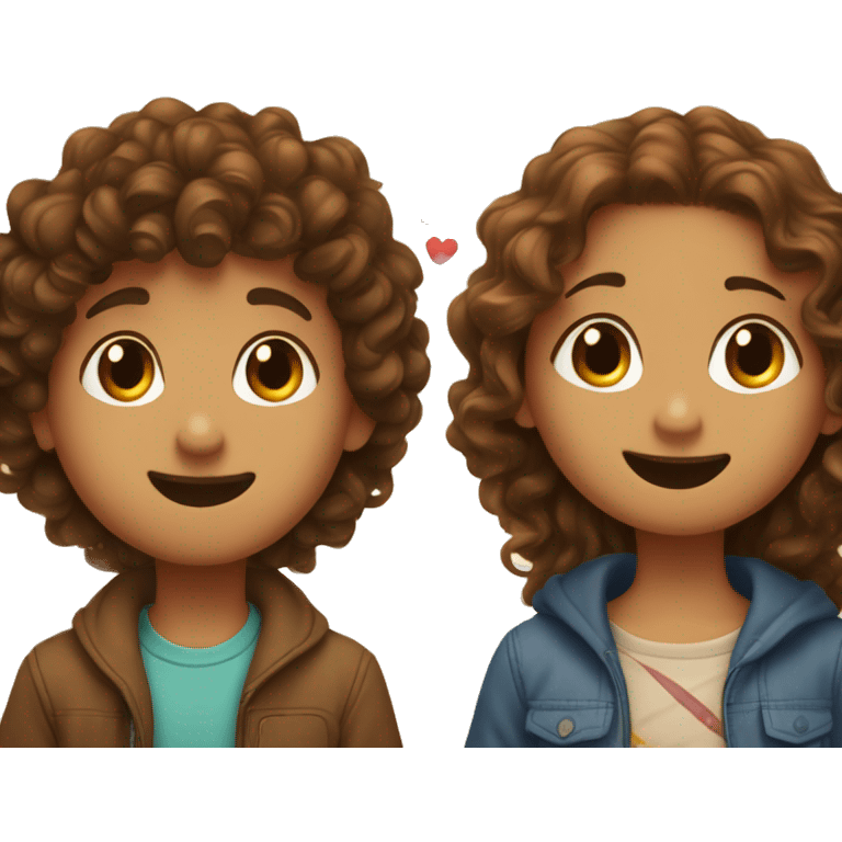 Boy with brown curly hair kiss a girl with brown long hair and a heart is over the heads  emoji