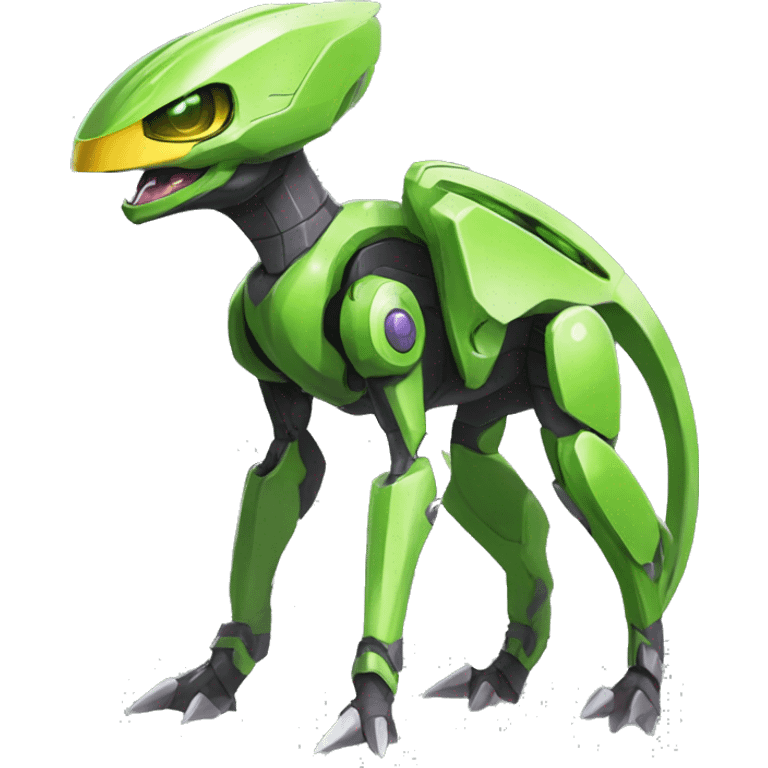 a shiny green Genesect-Raptor-Fakémon—hybrid with a futuristic visor-helmet full body emoji