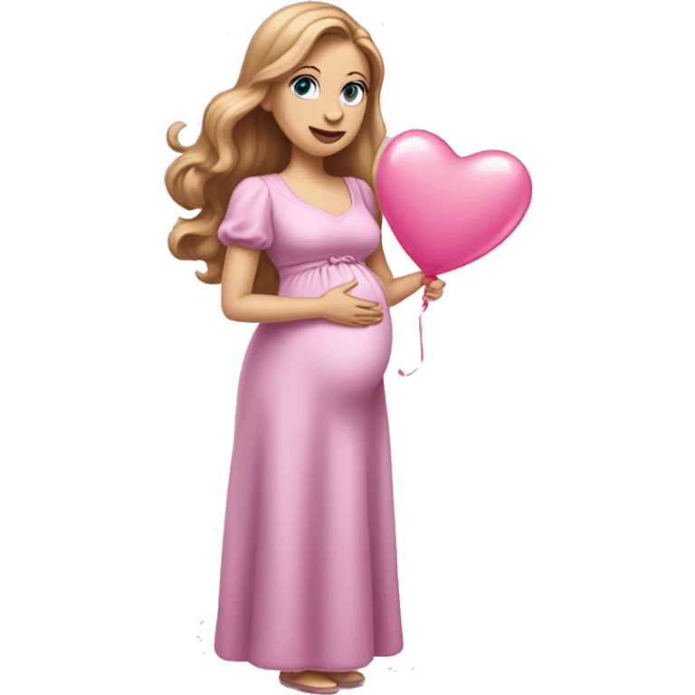 White pregnant lady, with Long Light Brown hair and blue eyes. She is wearing a tight pink dress and a bow,  standing and holding two pink heart balloons. emoji