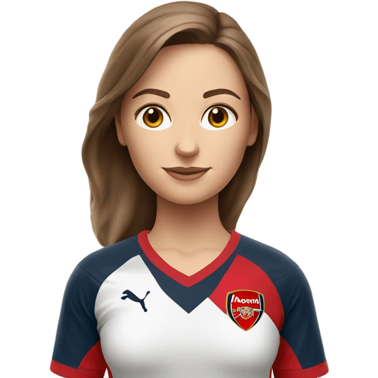 Pretty white woman with medium brown hair holding a soccer ball and wearing an Arsenal jersey emoji