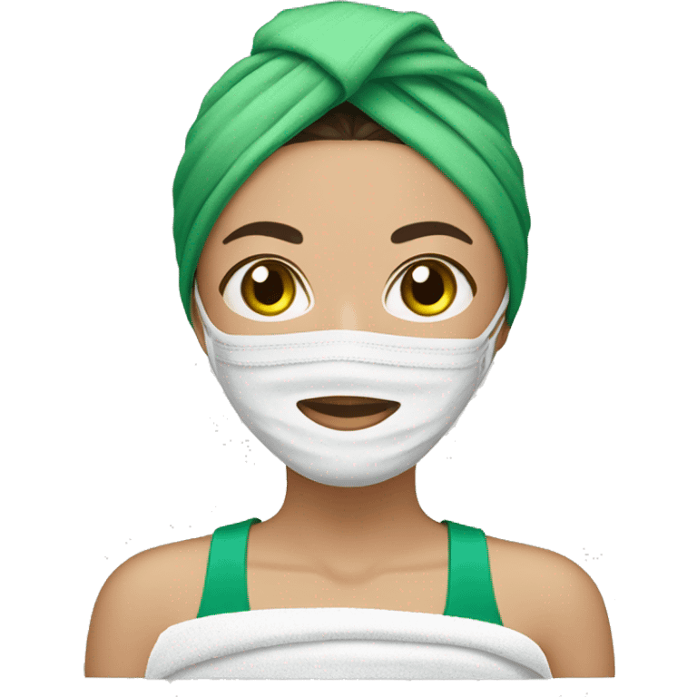 Woman with dark hair wearing spa head towel and green face mask emoji