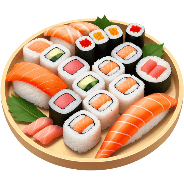 Cinematic Realistic Sushi Dish Emoji, depicted as an artful arrangement of fresh sushi with vibrant colors rendered with lifelike textures and delicate, natural lighting. emoji