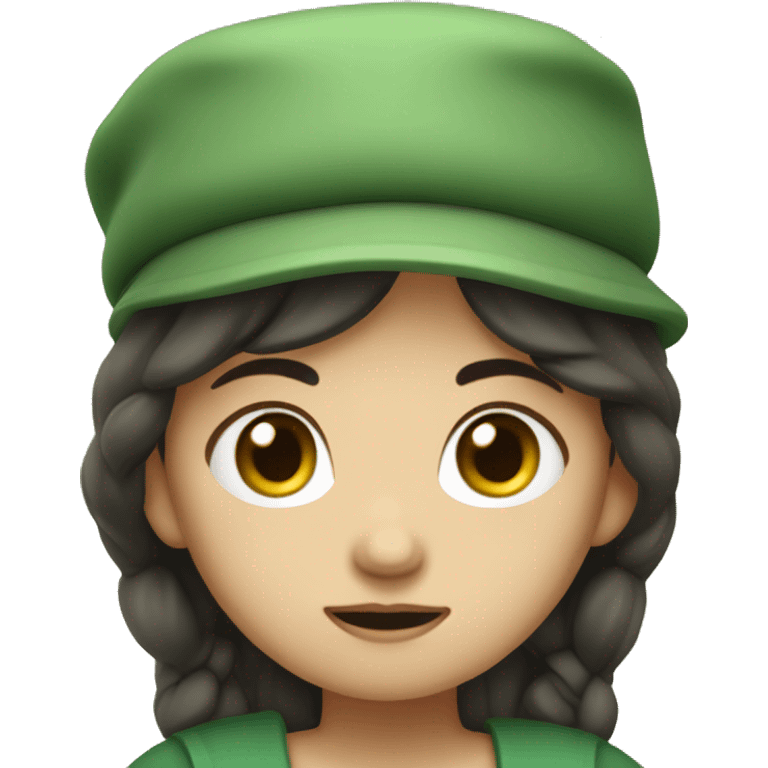 sad shepherdess, white skin, long dark hair, green dress and a hat whole body emoji emoji