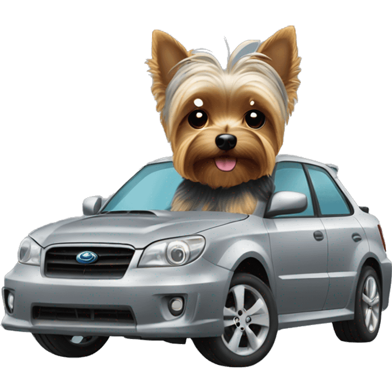 Yorkie driving grey Subaru emoji