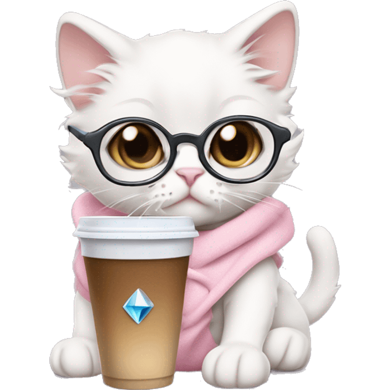 White rag doll kitten wearing a fancy light pink hoodie and diamond filled stethoscope and white eye glasses and iced coffee  emoji