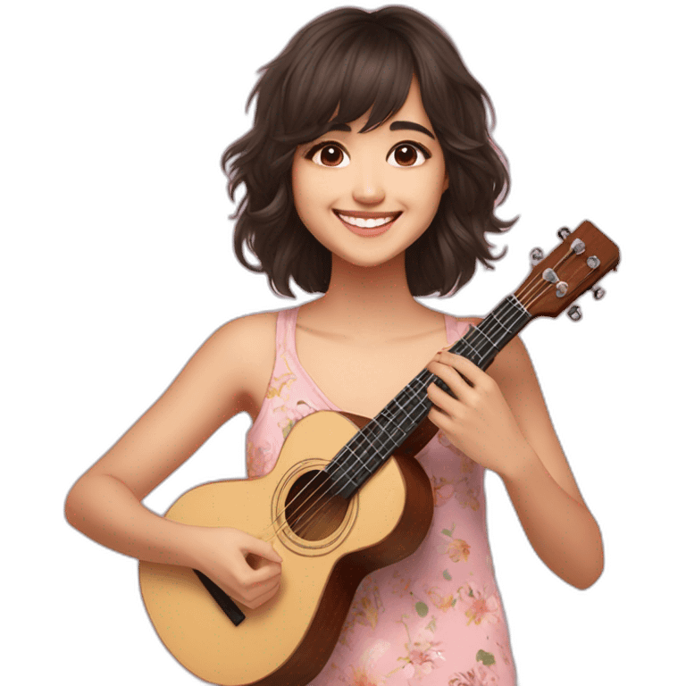 Shirley Setia front looking smiling wearing pyjama playing ukulele  emoji