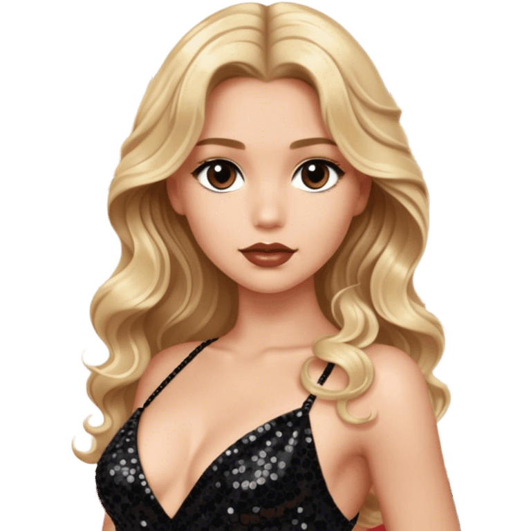 blonde model, brown eyes, long wavy hair, oscars red carpet, black sequin gown emoji