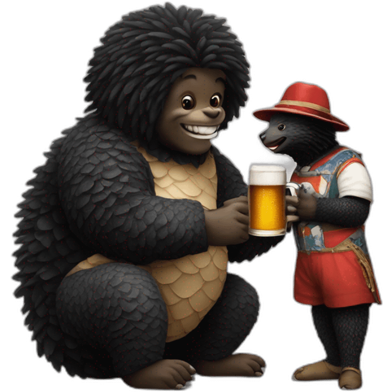 Golliwog having a beer with a giant pangolin emoji