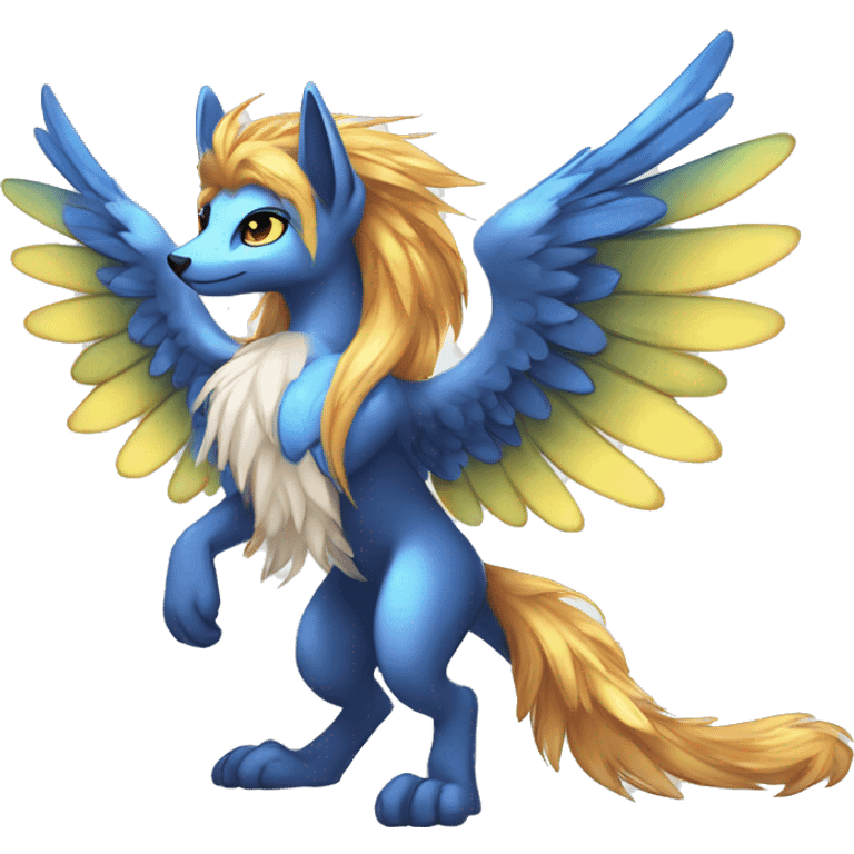 Anthro Sona Cool Cute Colorful Shy Winged Shiny Fakemon-Fantasy-Creature With Long Hair-Mane Full Body emoji