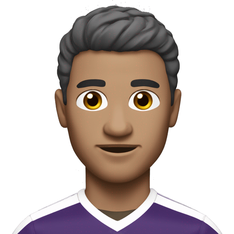 49 y-o soccer player, short hair, small central crest "salt and pepper", dark stubble, subtle rounded face, brown eyes, black and purple jersey emoji