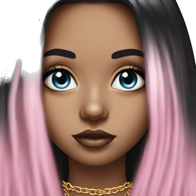 Hyperrealistic white girl with sky blue eyes and long black hair with pink fringe. Wearing gold chain necklace, gold diamond earrings and has dark eye makeup on her eyes emoji