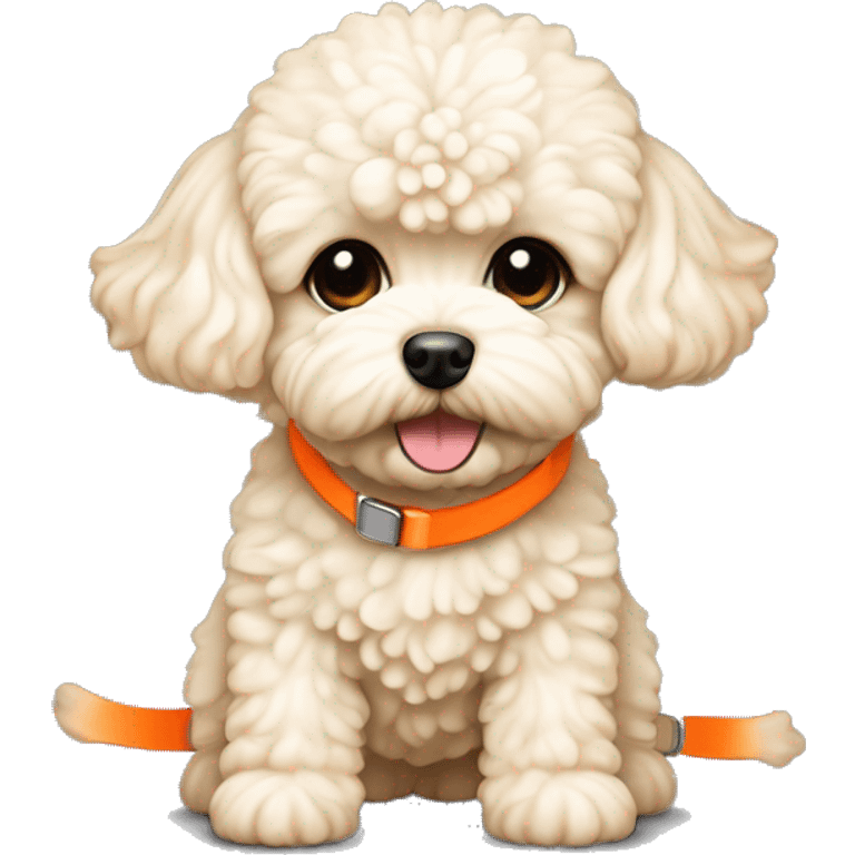 light cream color maltipoo dog with neon orange shoes emoji