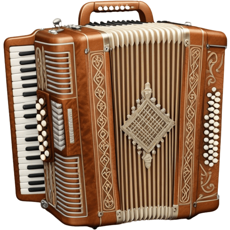 Cinematic Realistic image of a classic accordion, rendered with finely detailed textures and intricate keywork, set against a backdrop of soft, ambient lighting that highlights its vintage charm emoji