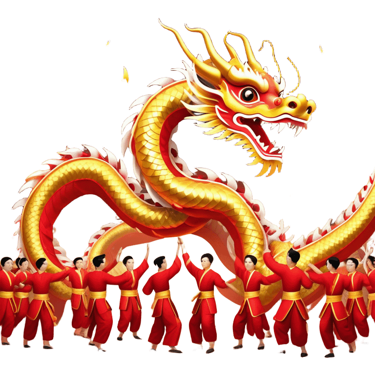 Cinematic Realistic scene of a Chinese Dragon Dance featuring performers energetically holding a vibrant dragon model aloft, with intricately detailed scales and dynamic flowing costumes, illuminated by festive red and gold lighting that captures the spirit of celebration. emoji