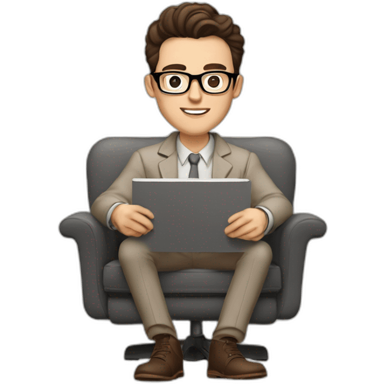 Pale skinned Fit Man With dark brown hair in gray jacket, beige office shirt, Brown pants and vintage glasses sitting In a soft chair with a notebook on spring with emblem Ψ and a pen emoji