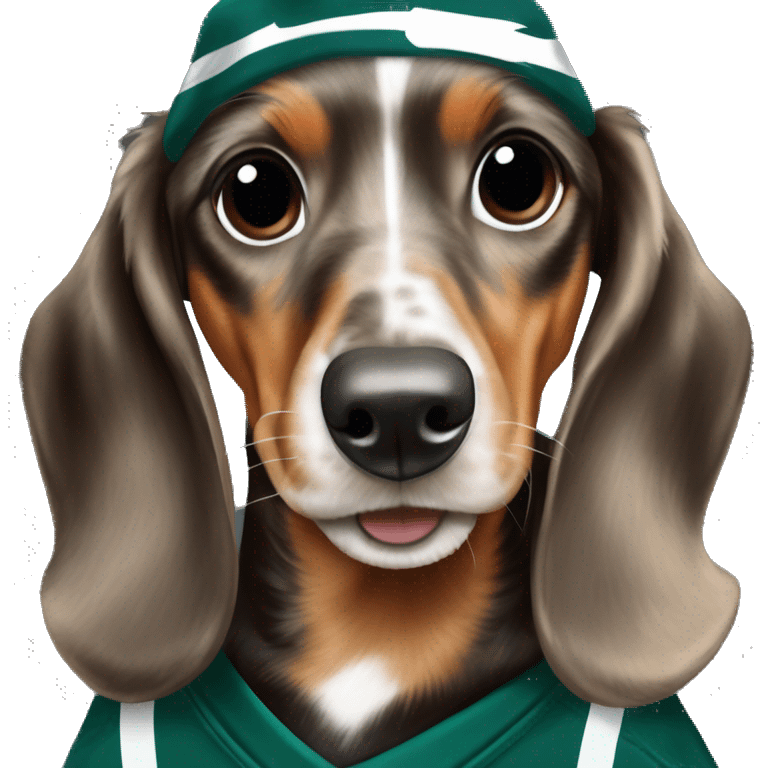 Miniature Tri Merle Medium Light Tri Brown Spotted Dachshund wearing Philadelphia Eagles Hat with C on Jersey emoji