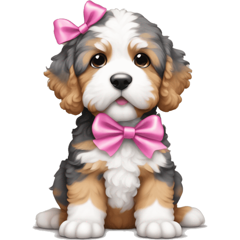 Multi color bernedoodle puppy with pink ribbon on head emoji