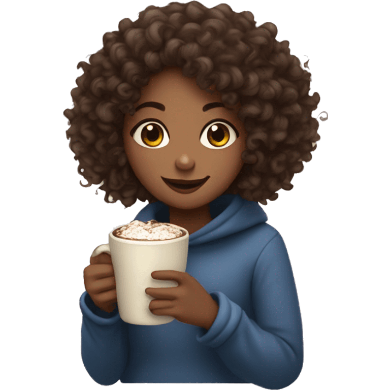 curly haired girl cozy drinking hot chocolate emoji