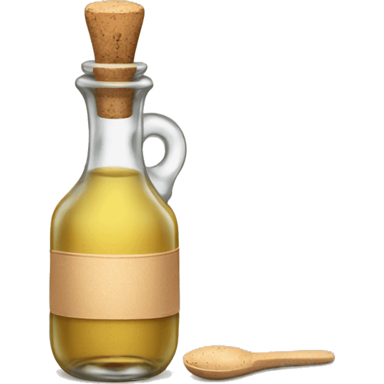 bottle of vinegar with the cork and a nozzle; spoon is laying neat the bottle emoji