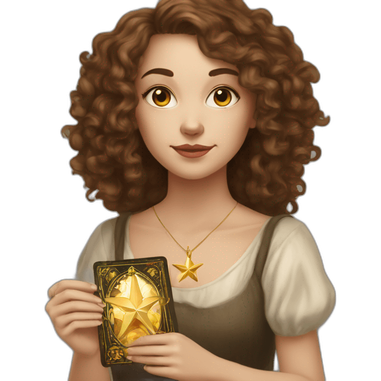 white young woman with long brown curls and a tarot card that has a golden star emoji