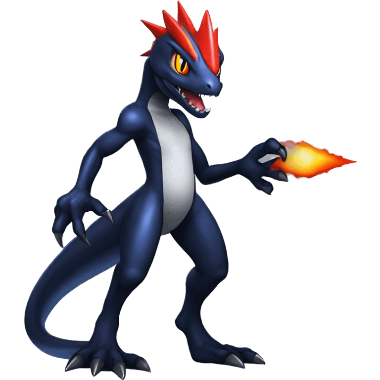 Black, Modern, Futuristic, Cool, Edgy, Badass Punk-style Garchomp-Charmeleon-Croconaw Fakémon-Digimon  full body emoji