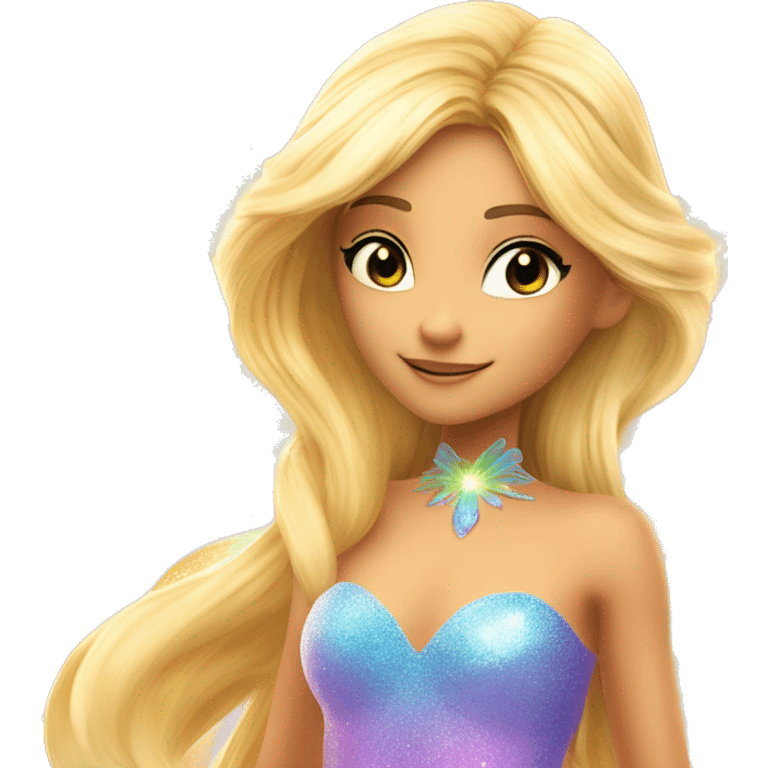 Stella adult latina fairy of nature in her enchantix fairy orange clothing and fairy enchantix wings and long blonde hair from winx club. Small eyes, Lots of sparkles and fairydust. Full body and full fairy bliss emoji