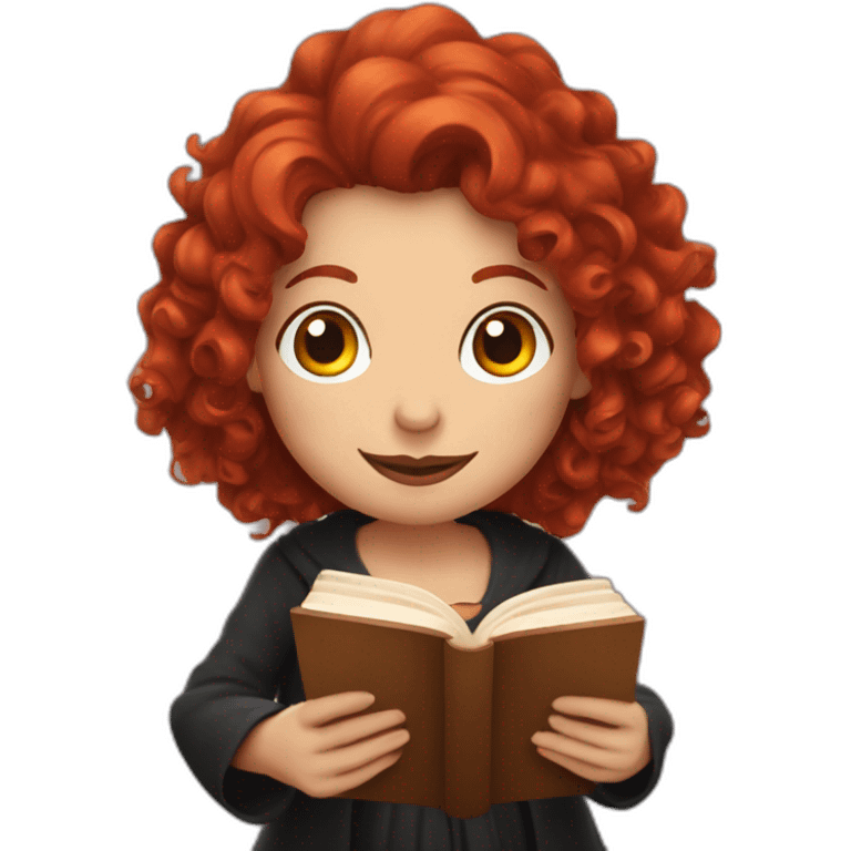 a witch with red curly hair to the shoulders reading a book and drinking coffee emoji