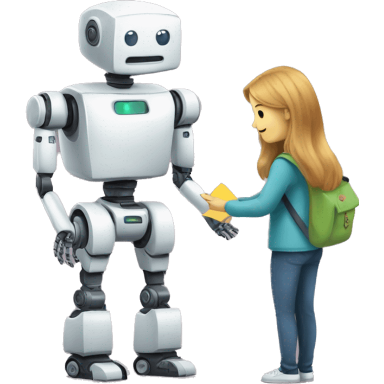 a robot handing a flashcard to a student emoji